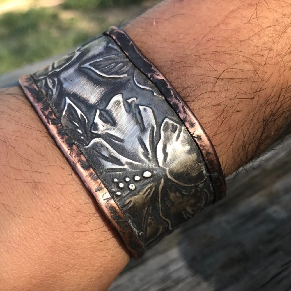 Hibiscus Hawaiian Cuff Bracelet Mans Aloha Sterling Silver Copper 925 Floral